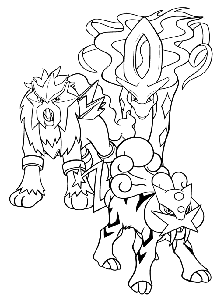 Desenho de Entei, Raikou e Suicune, as feras lendárias para imprimir e colorir