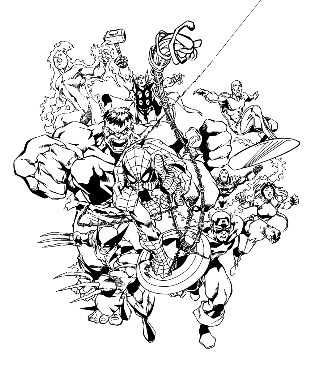 Desenho de Equipe dos Vingadores em plena ação para imprimir e colorir