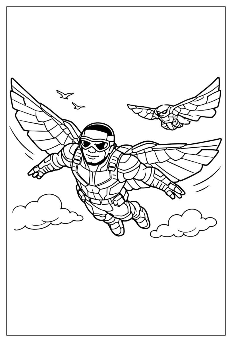 Desenho de Falcão voando entre as nuvens para imprimir e colorir