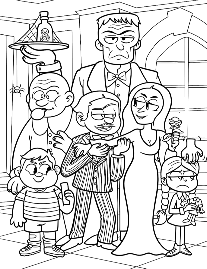 Desenho de Família Addams em frente à janela para imprimir e colorir