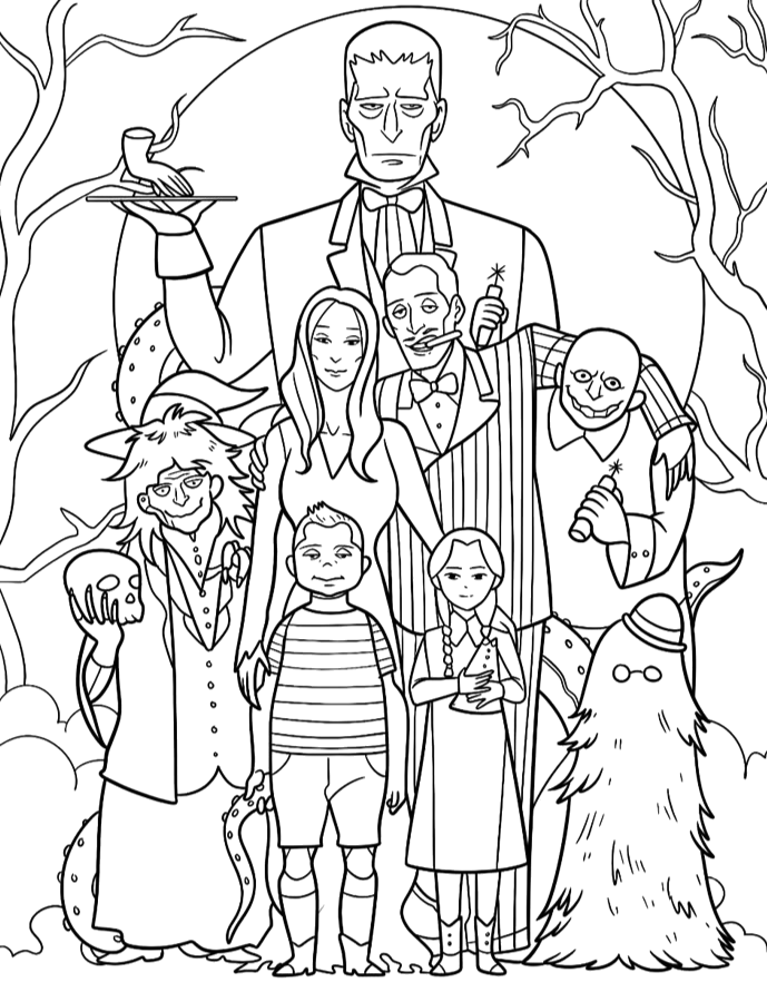 Desenho de Família Addams na floresta sombria para imprimir e colorir