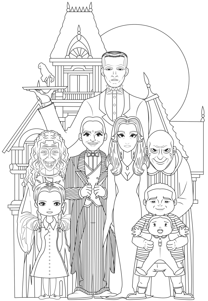 Desenho de Família Addams no salão da mansão para imprimir e colorir