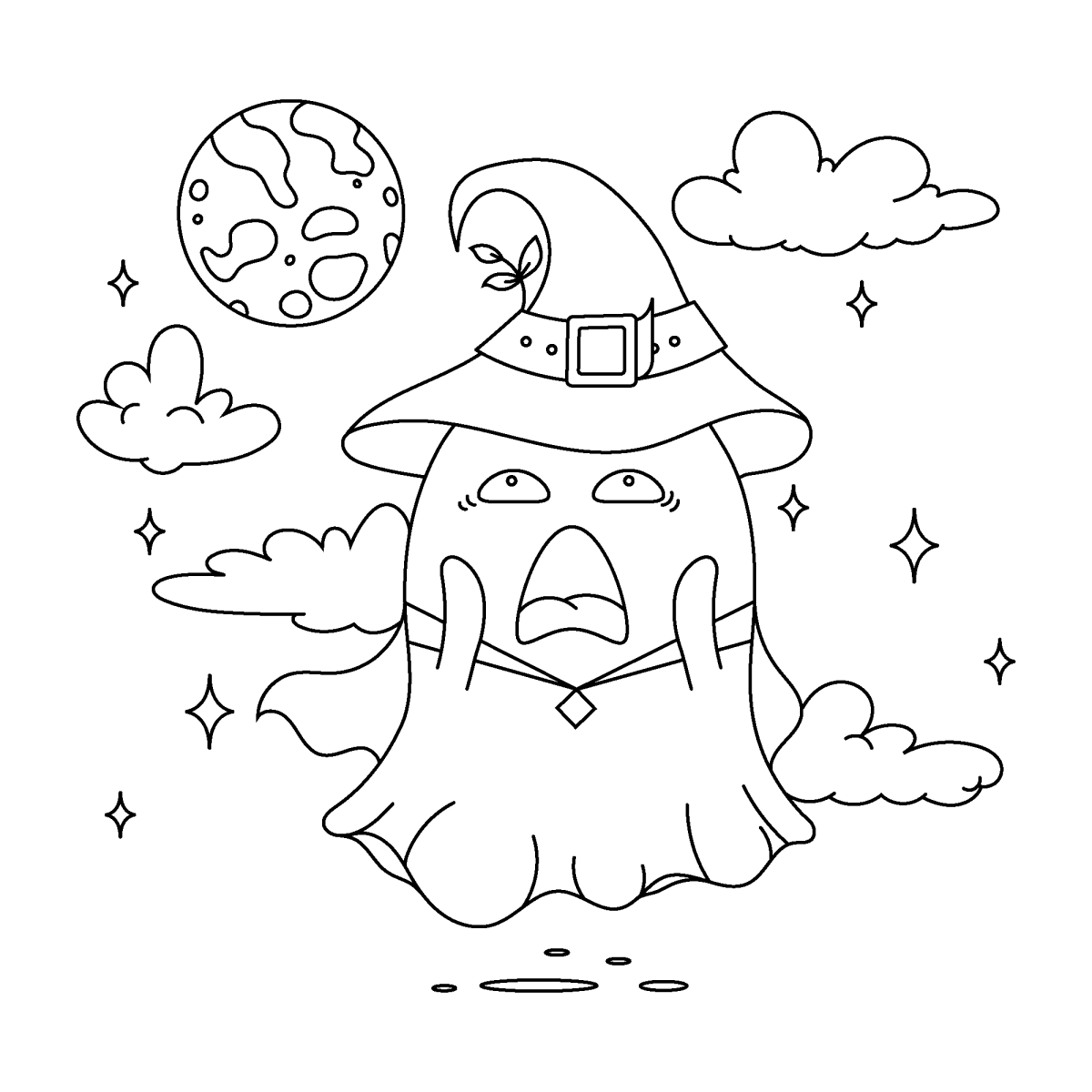 Desenho de Fantasma bruxa entre as nuvens para imprimir e colorir