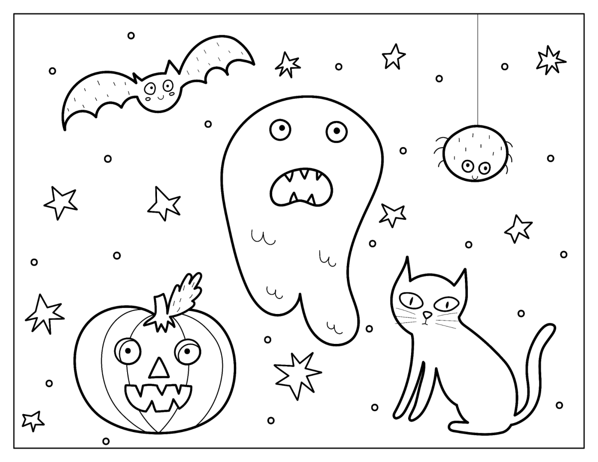 Desenho de Fantasma com gato preto e abóbora para imprimir e colorir