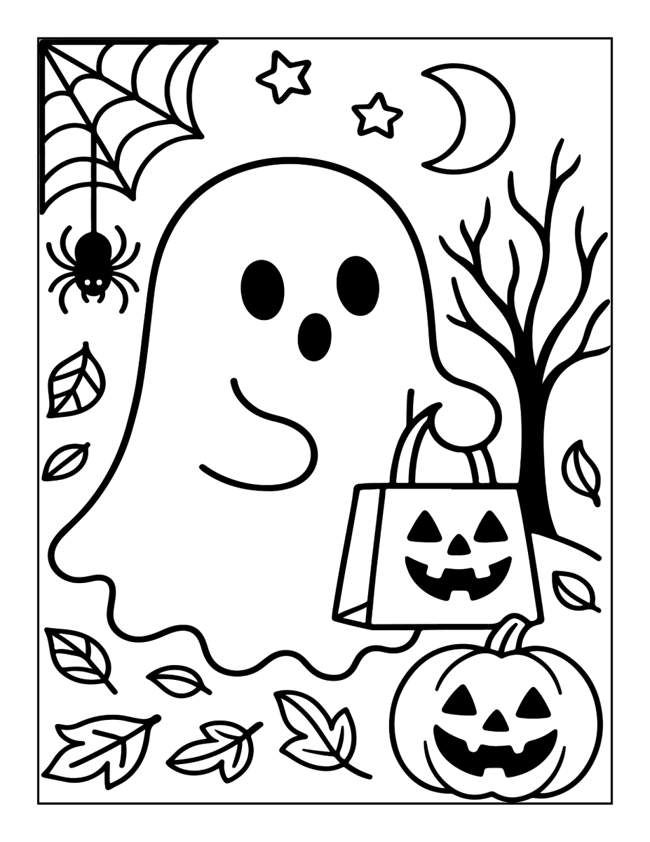 Desenho de Fantasma com saco de doces e abóboras para imprimir e colorir