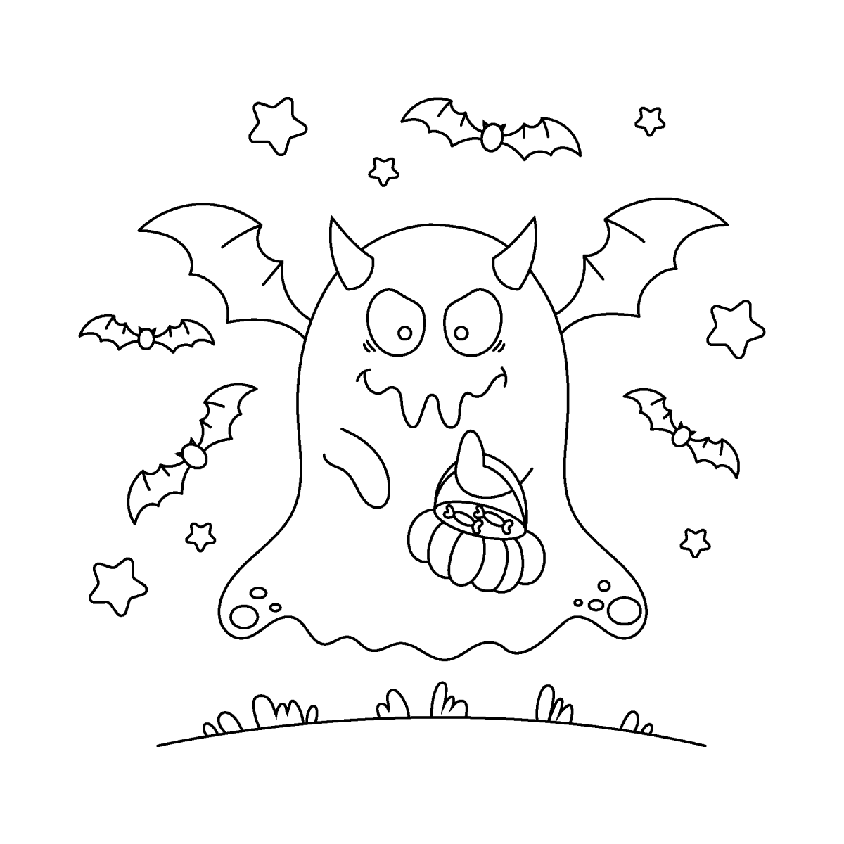 Desenho de Fantasma diabinho com morcegos para imprimir e colorir