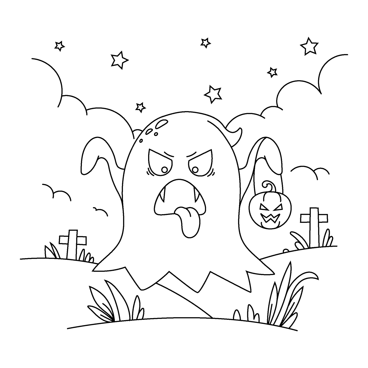 Desenho de Fantasma zangado no cemitério para imprimir e colorir