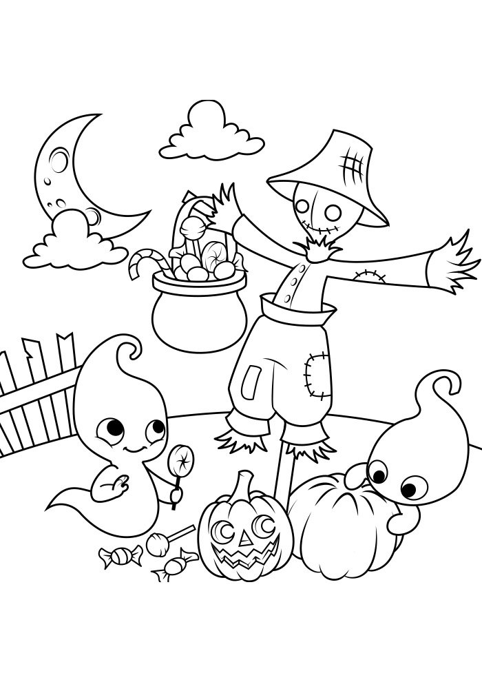 Fantasmas e Espantalho em Noite de Halloween