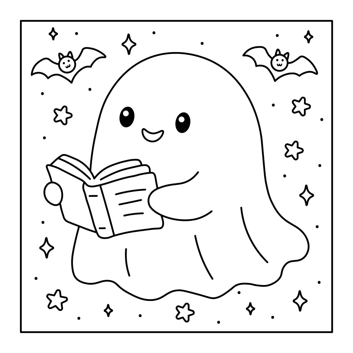 Desenho de Fantasminha lendo um livro para imprimir e colorir