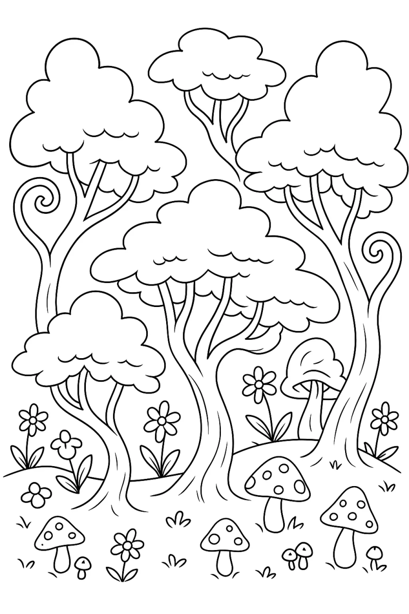 Desenho de Floresta com cogumelos e flores para imprimir e colorir