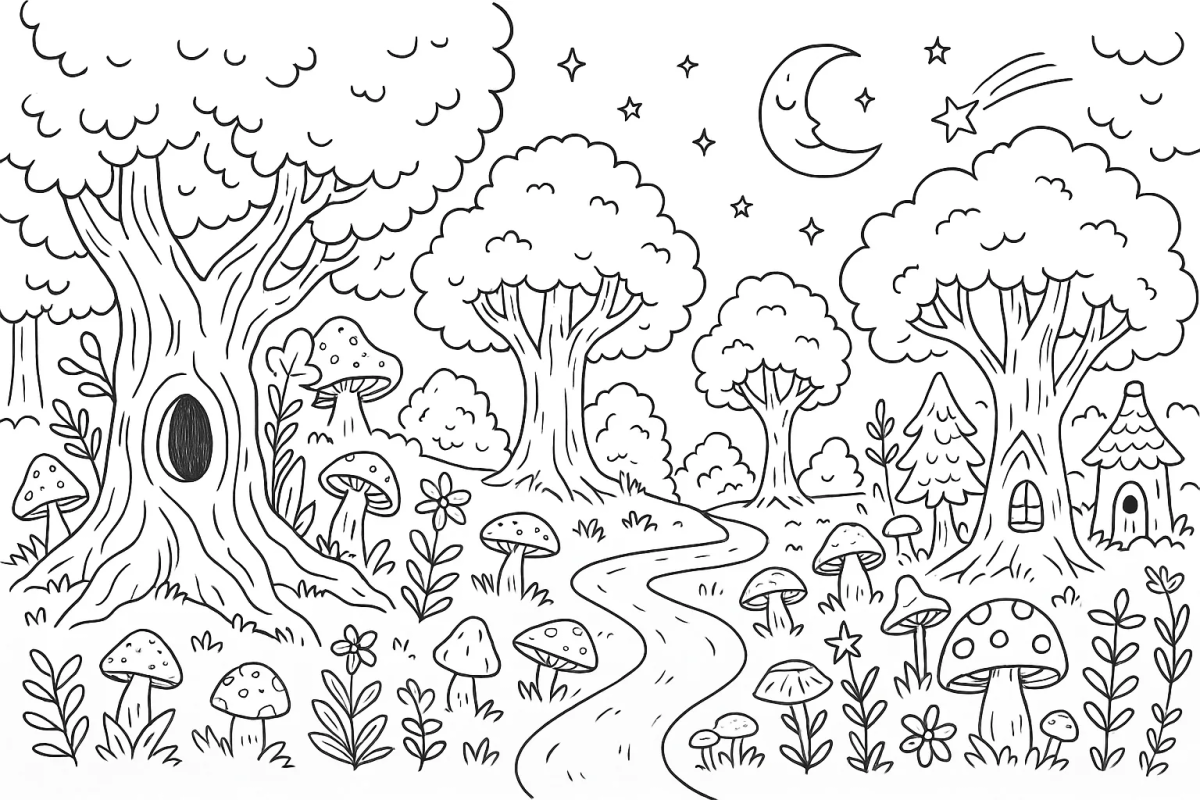 Desenho de Floresta encantada à noite para imprimir e colorir