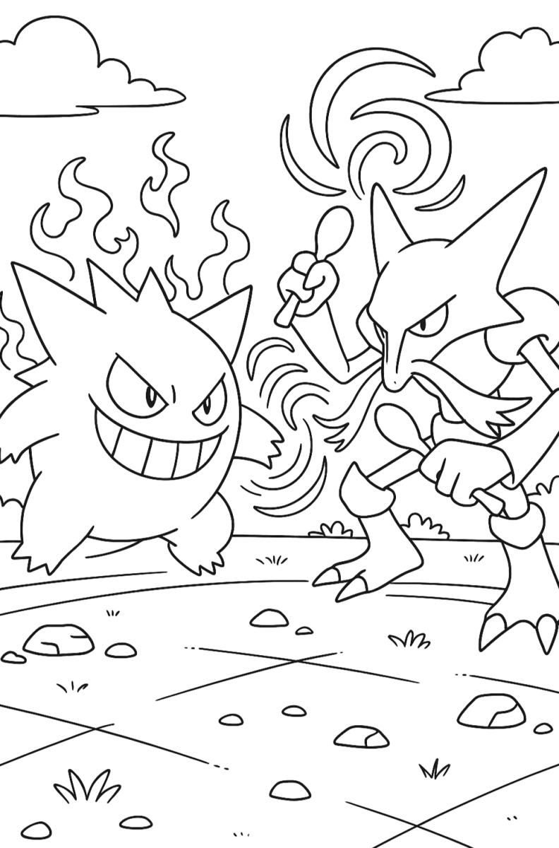 Desenho de Gengar em chamas fantasmas para imprimir e colorir