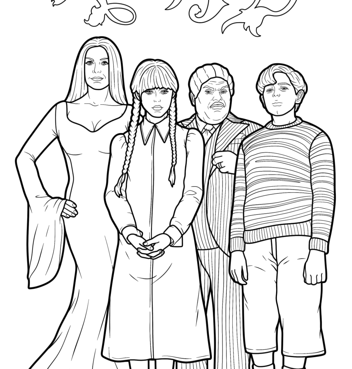 Desenho de Gomez e Morticia no jardim de inverno para imprimir e colorir