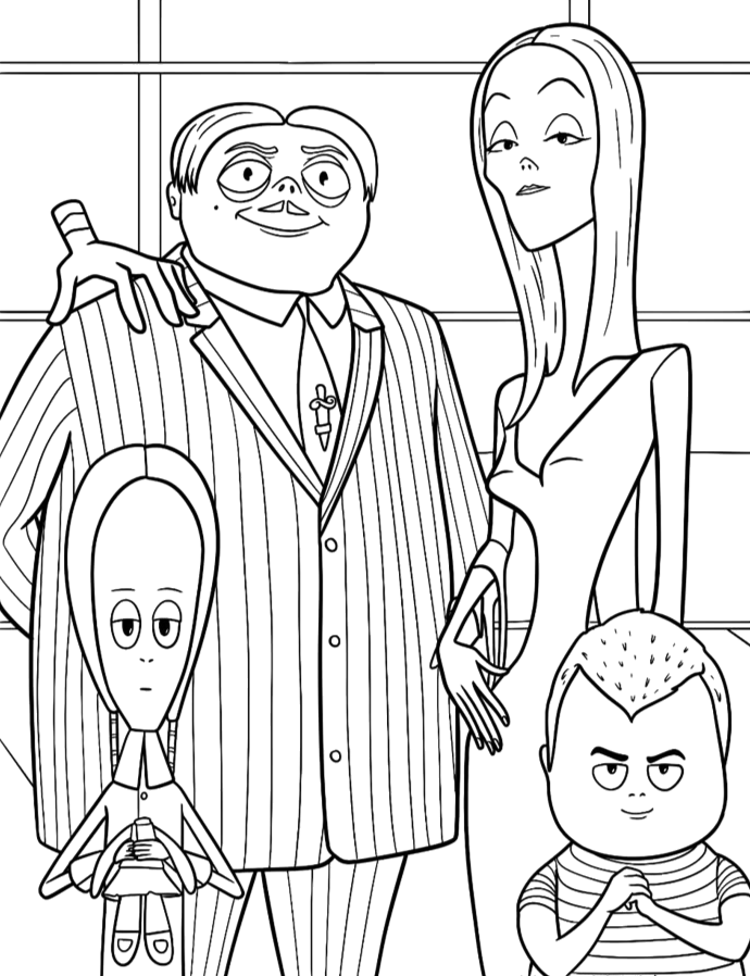 Desenho de Gomez, Morticia, Wandinha e Feioso para imprimir e colorir