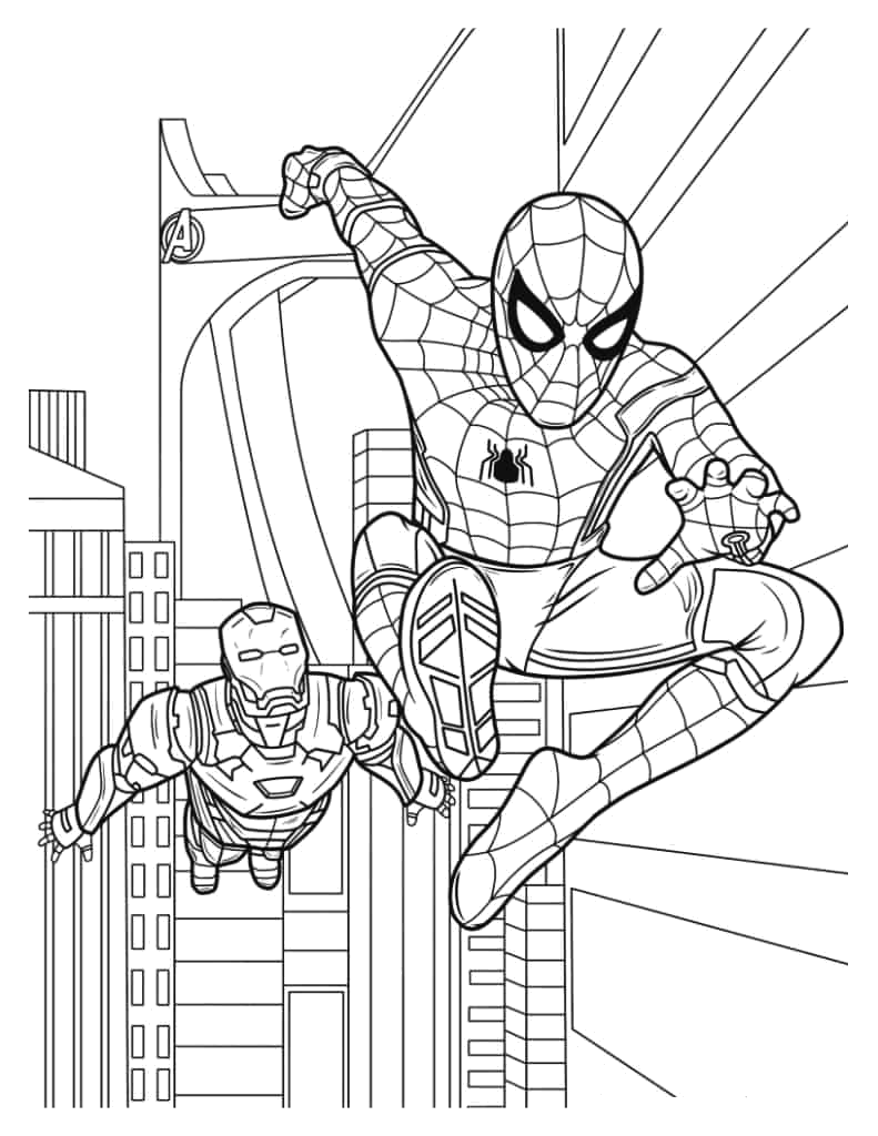 Desenho de Homem-Aranha e Homem de Ferro em ação na cidade para imprimir e colorir
