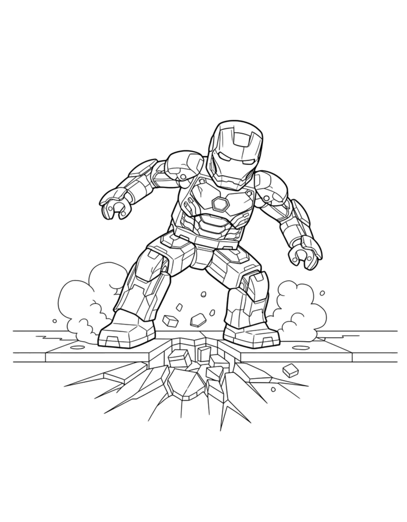 Desenho de Homem de Ferro pousando com força no chão para imprimir e colorir