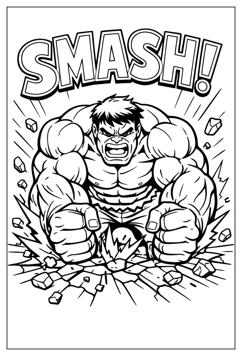 Desenho de Hulk esmagando tudo com um Smash para imprimir e colorir