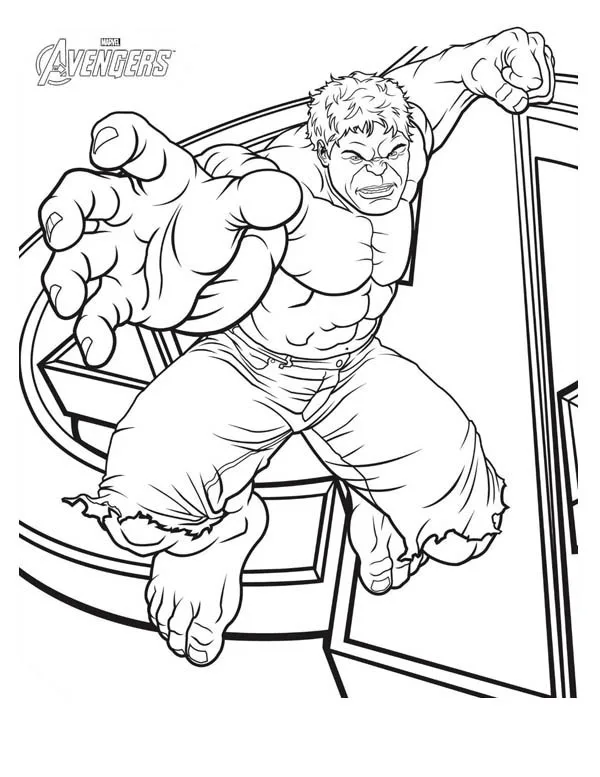 Desenho de Hulk saltando com toda a sua fúria para imprimir e colorir