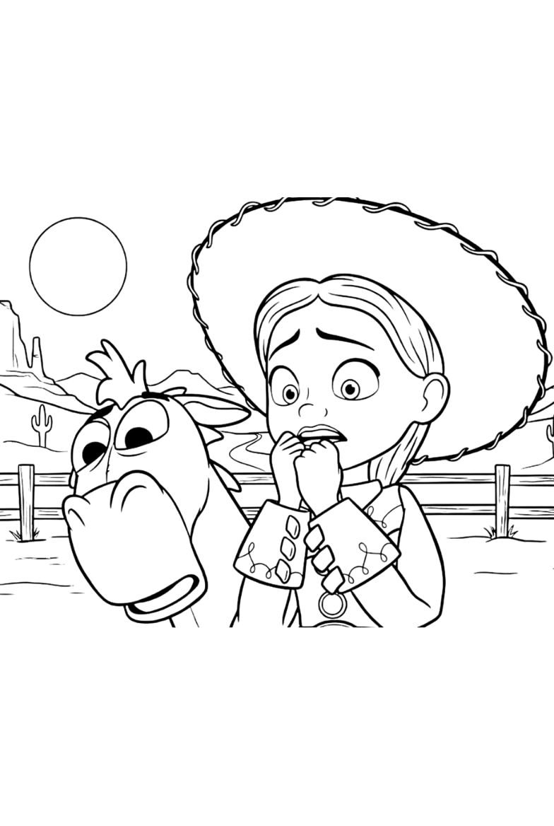 Desenho de Jessie com seu chapéu de vaqueira para imprimir e colorir