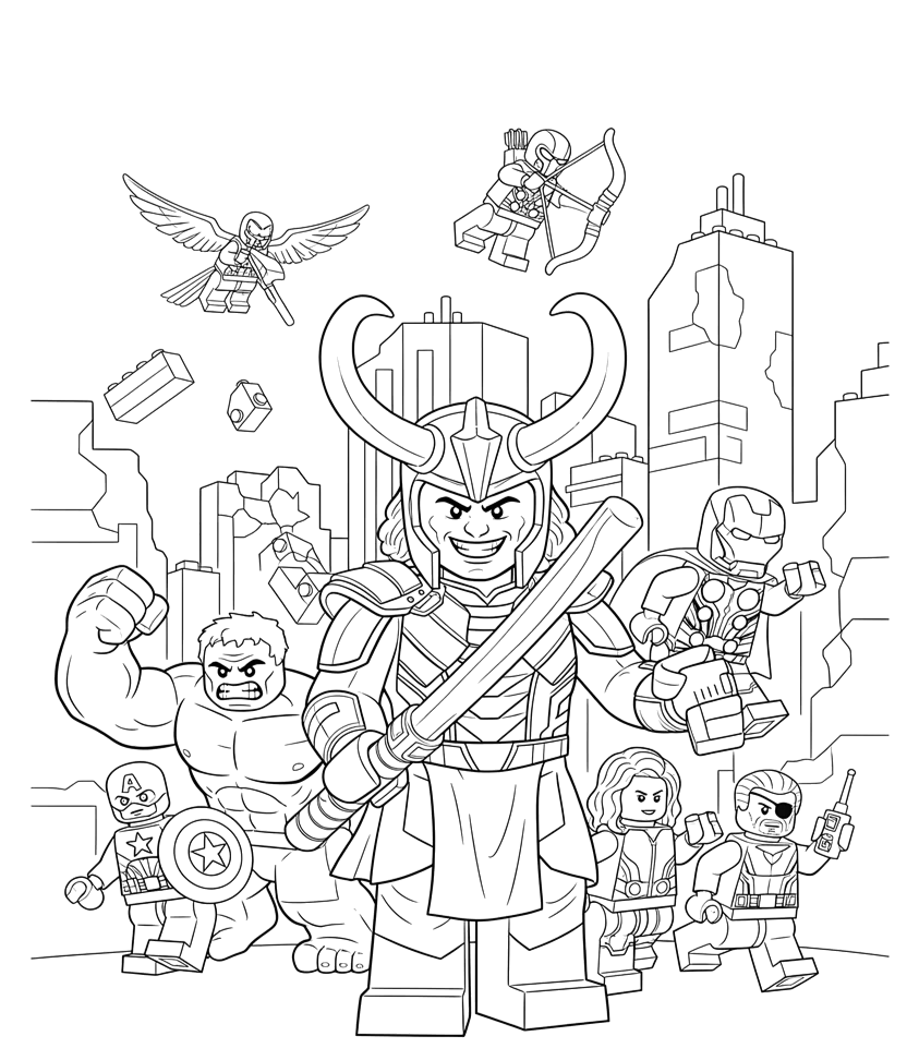 Desenho de Loki em versão LEGO com seu cetro para imprimir e colorir