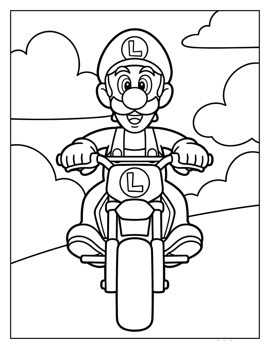 Desenho de Luigi pilotando moto para imprimir e colorir