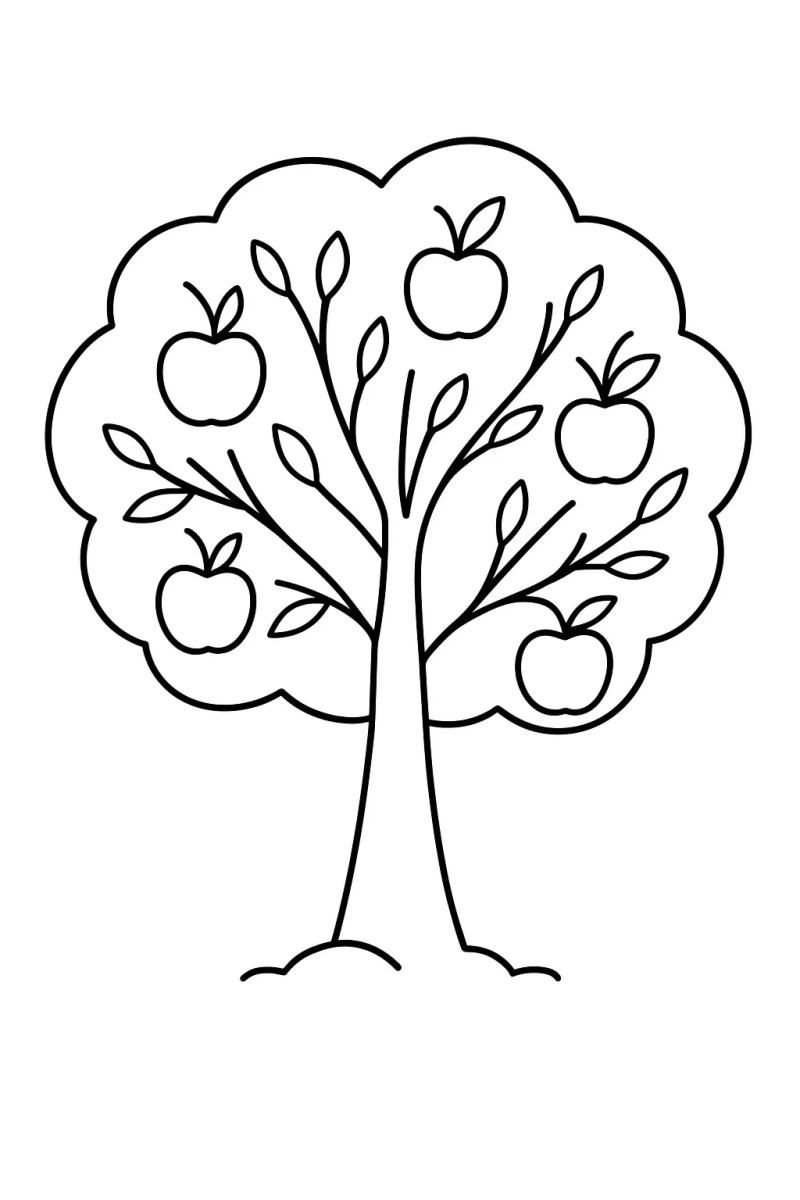 Desenho de Macieira cheia de maçãs para imprimir e colorir