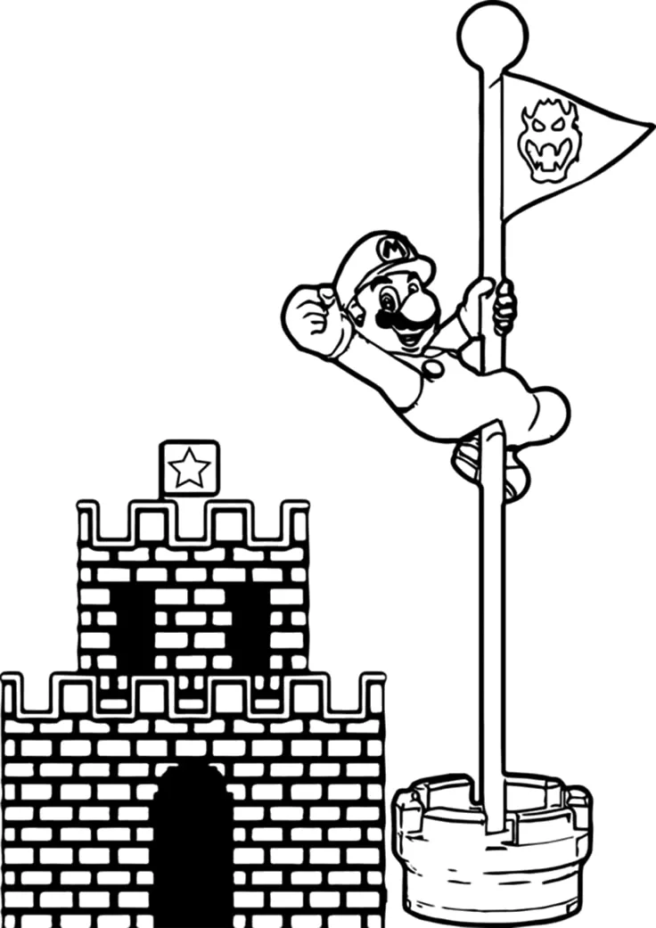Desenho de Mario alcançando a bandeira do castelo para imprimir e colorir