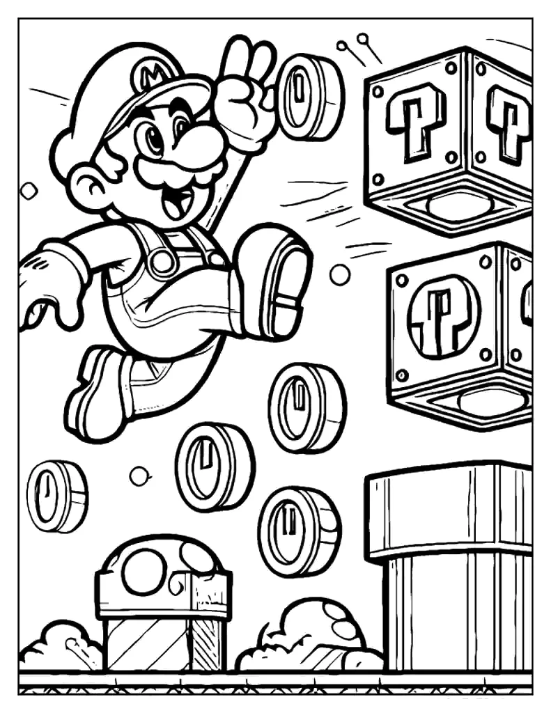 Desenho de Mario batendo nos blocos de interrogação para imprimir e colorir