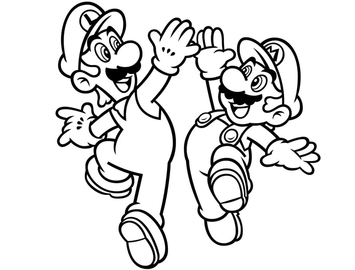 Desenho de Mario e Luigi comemorando juntos para imprimir e colorir