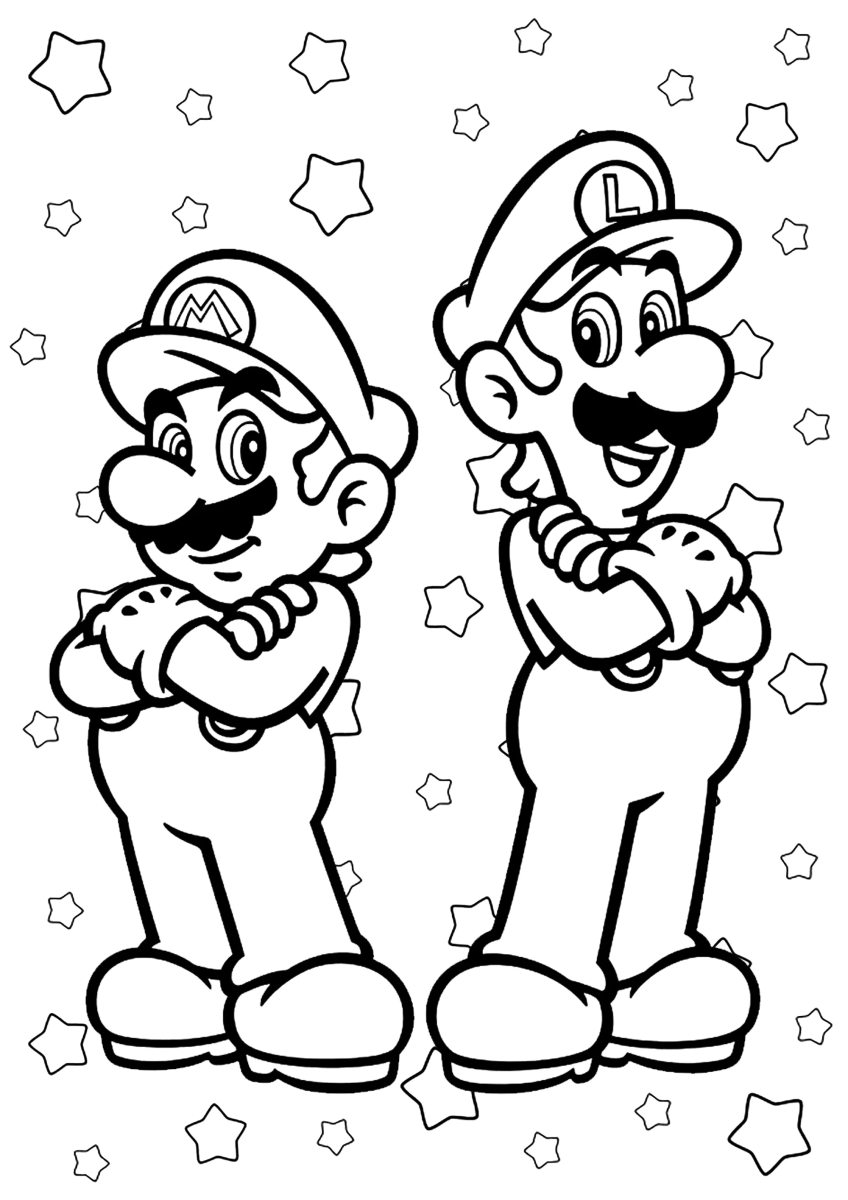 Desenho de Mario e Luigi lado a lado para imprimir e colorir