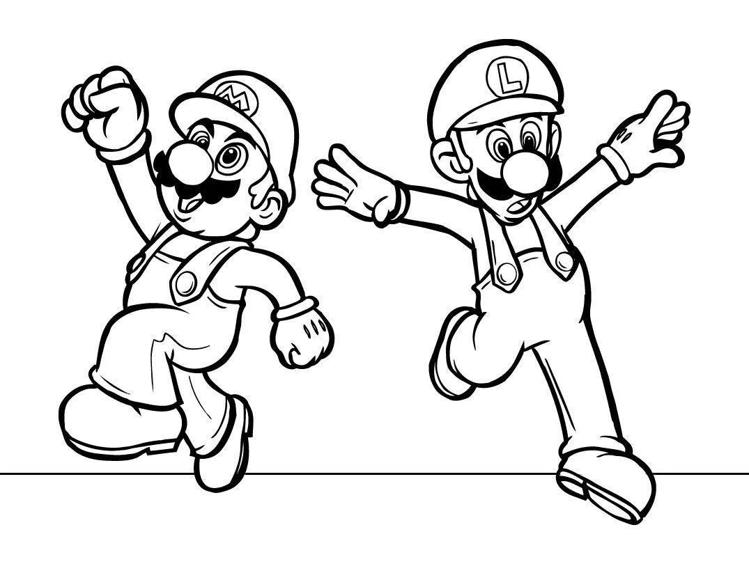 Desenho de Mario e Luigi pulando de alegria para imprimir e colorir