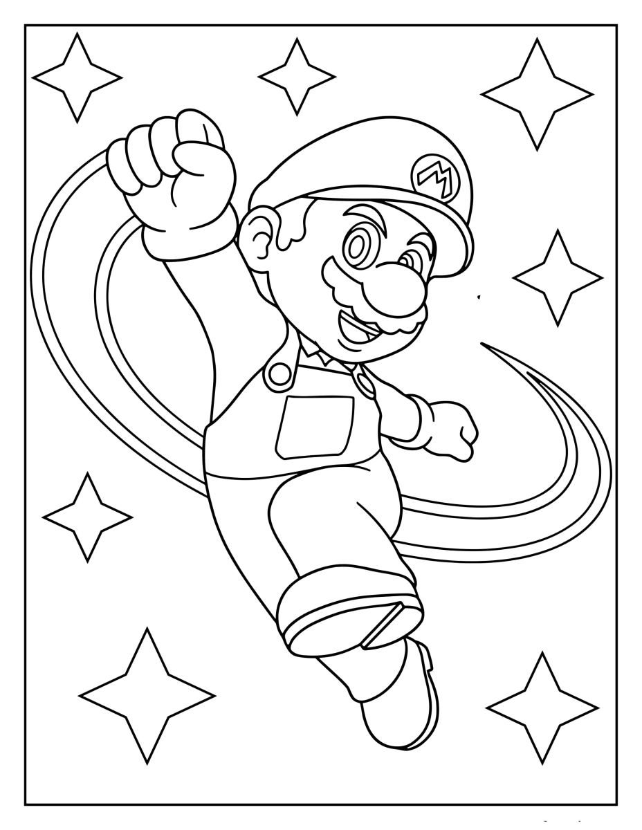 Desenho de Mario girando entre estrelas para imprimir e colorir