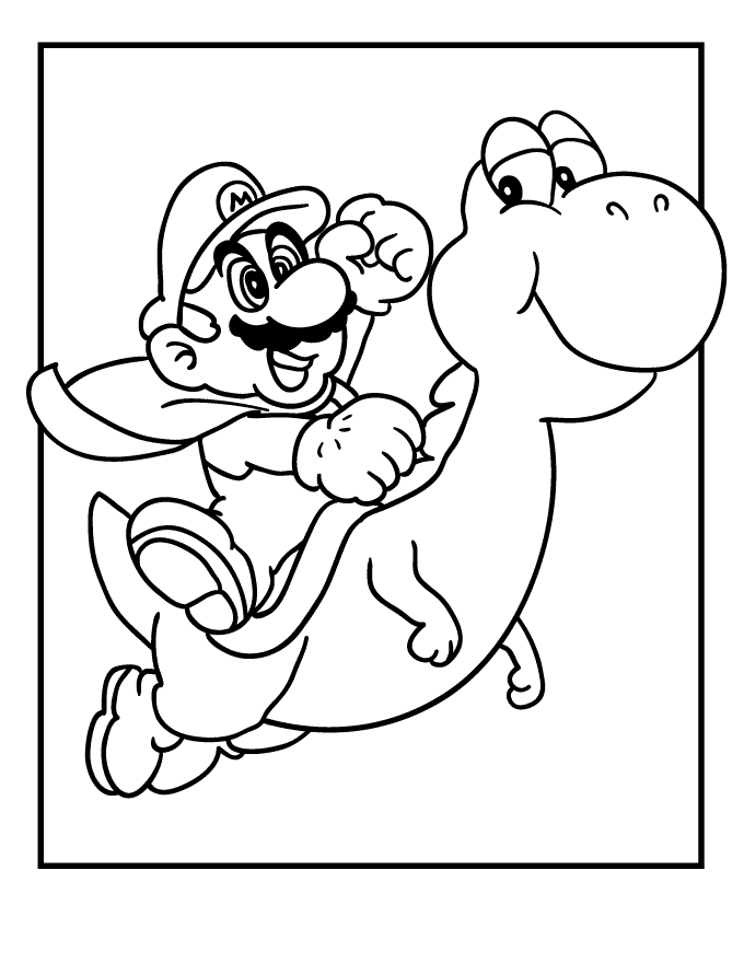 Desenho de Mario guaxinim voando com Yoshi para imprimir e colorir