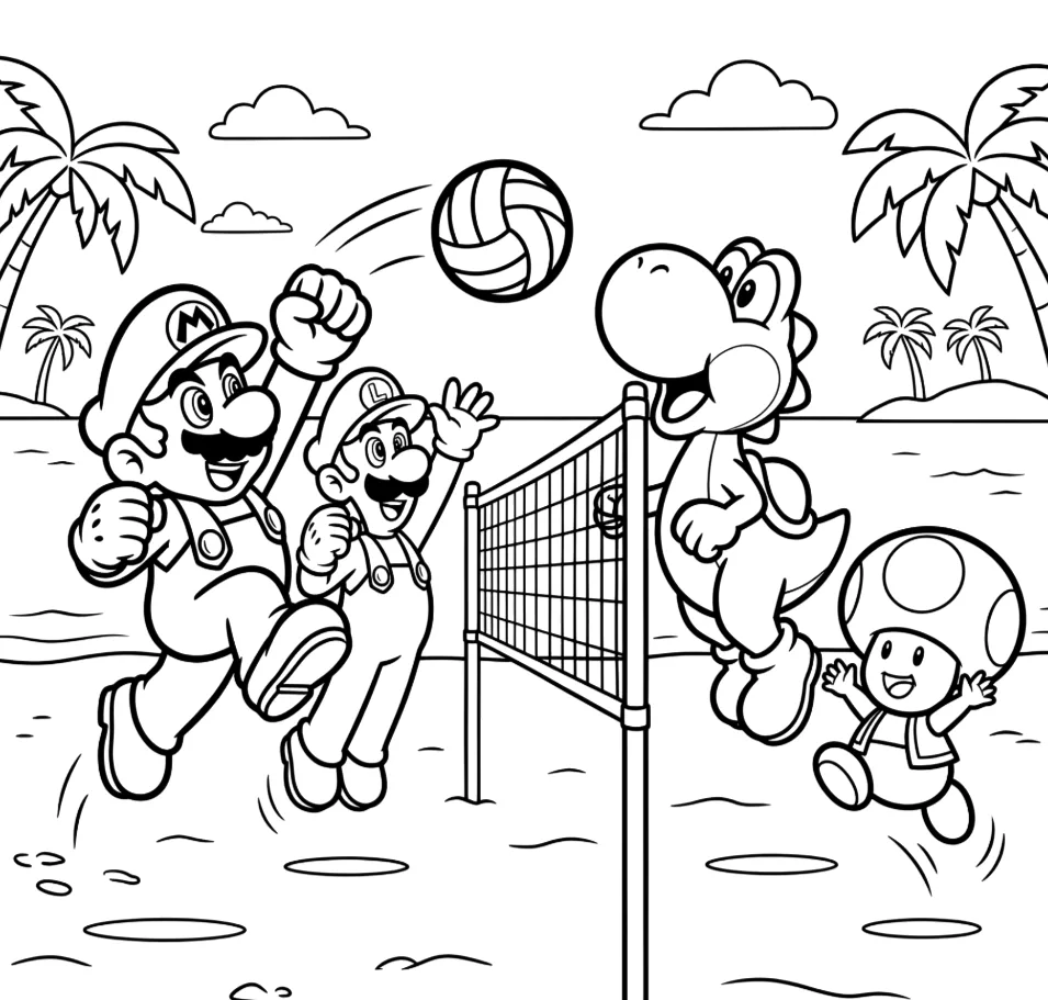 Desenho de Mario jogando vôlei na praia para imprimir e colorir