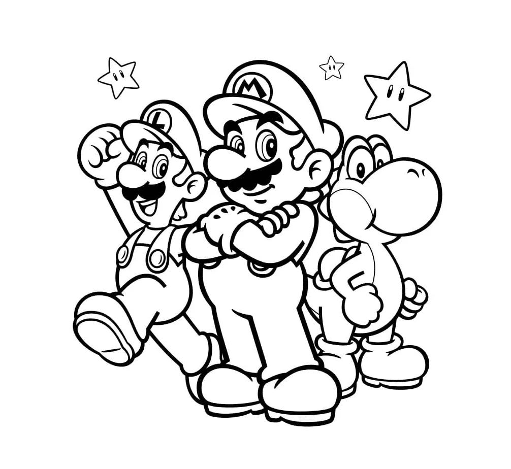 Desenho de Mario, Luigi e Yoshi juntos para imprimir e colorir