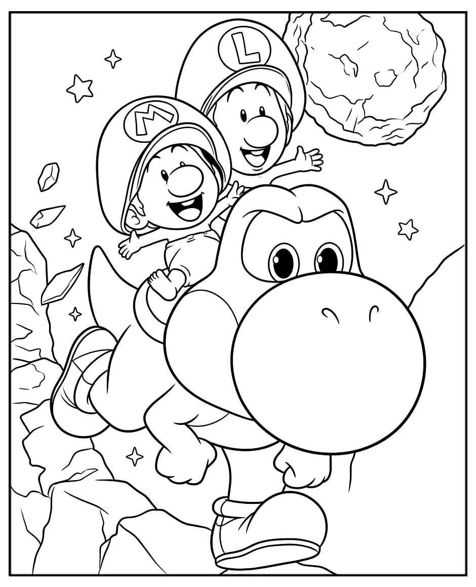 Desenho de Mario montado no Yoshi para imprimir e colorir