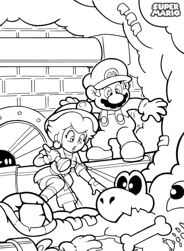 Desenho de Mario, Peach e Yoshi no jardim para imprimir e colorir