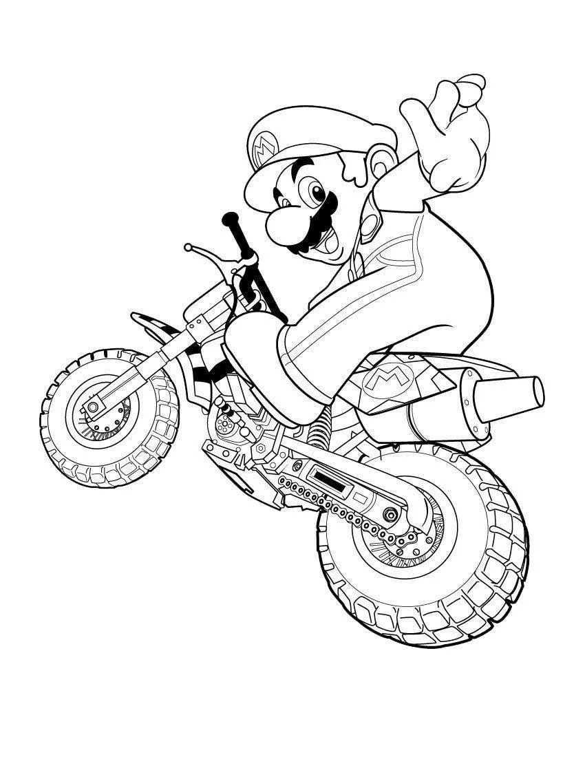 Desenho de Mario pilotando moto de trilha para imprimir e colorir
