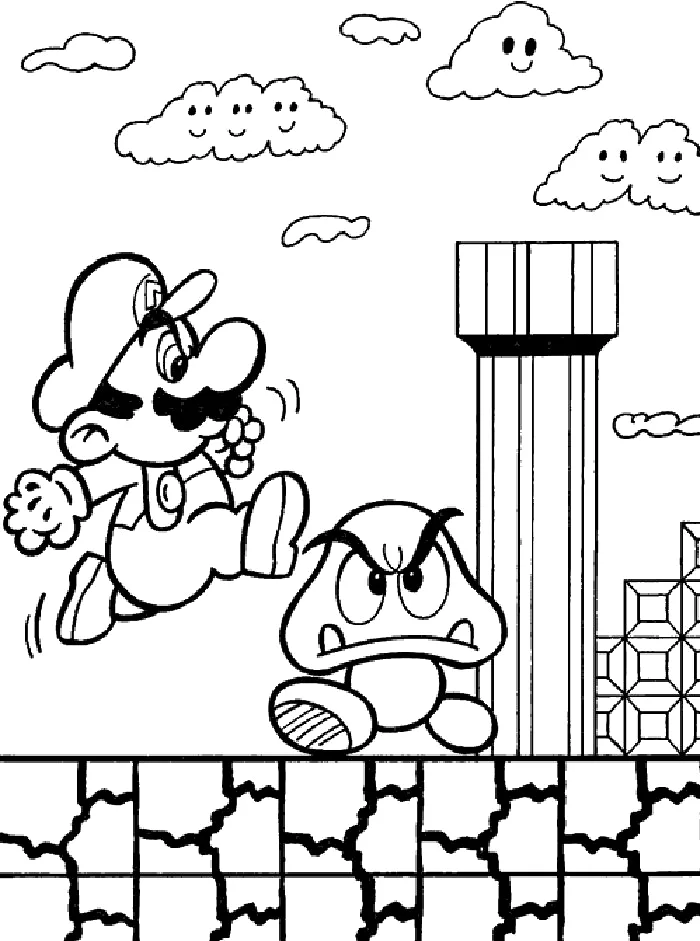 Desenho de Mario pulando sobre o Goomba para imprimir e colorir