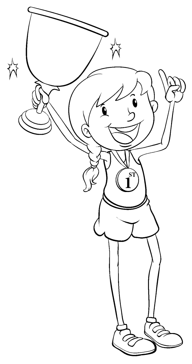 Desenho de Menina comemorando com troféu para imprimir e colorir
