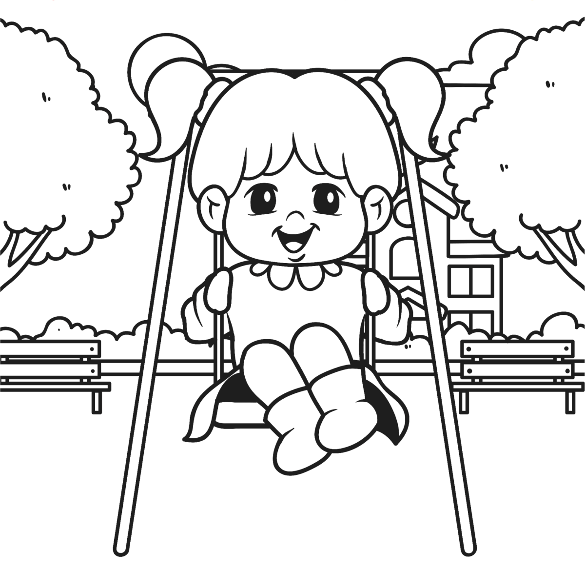 Desenho de Menina de tranças no balanço para imprimir e colorir
