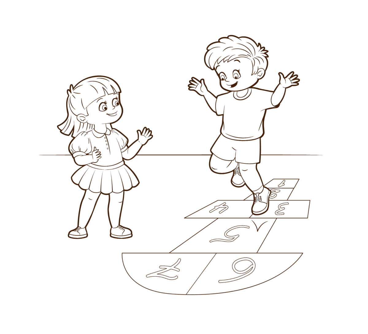 Desenho de Menina e menino pulando amarelinha para imprimir e colorir