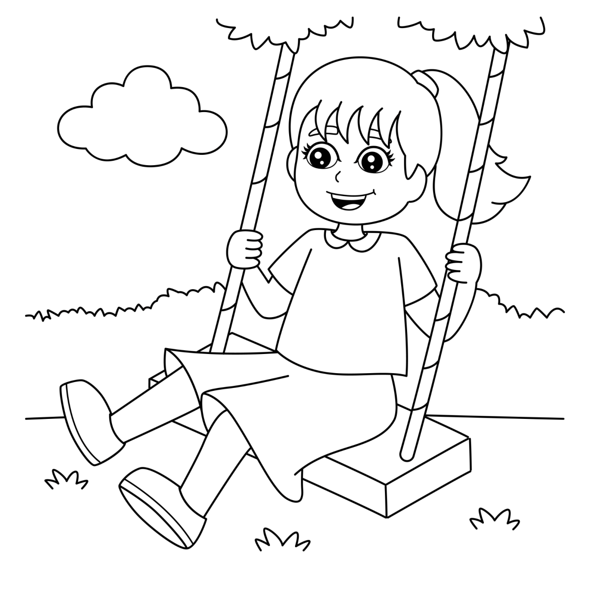 Desenho de Menina feliz no balanço do parque para imprimir e colorir