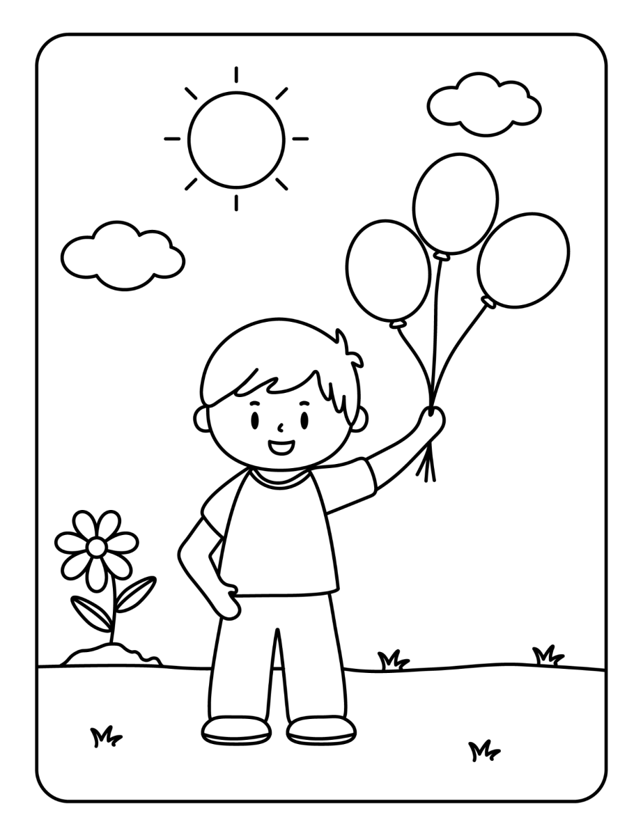 Desenho de Menino com balões no jardim ensolarado para imprimir e colorir