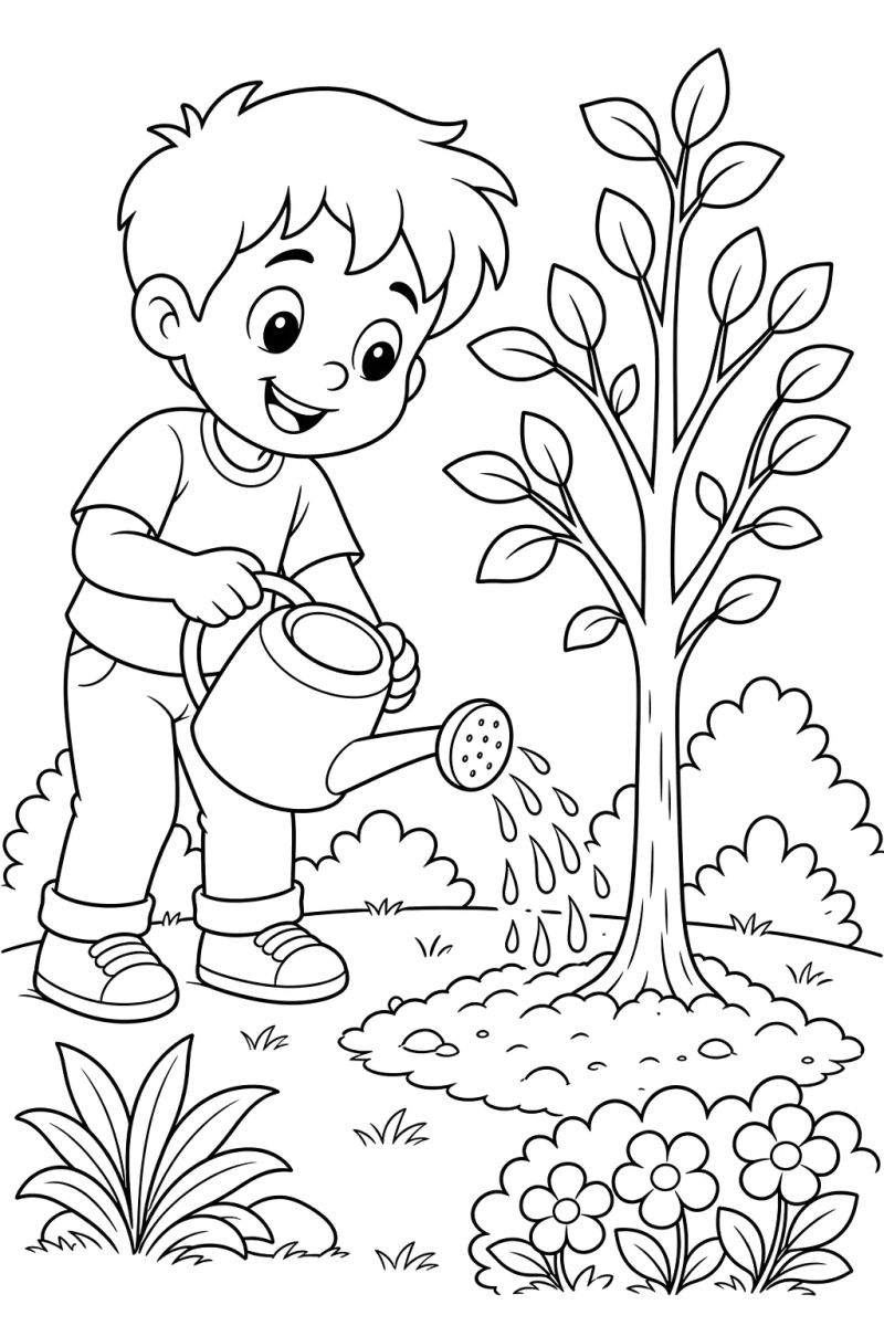 Desenho de Menino cuidando da mudinha para imprimir e colorir