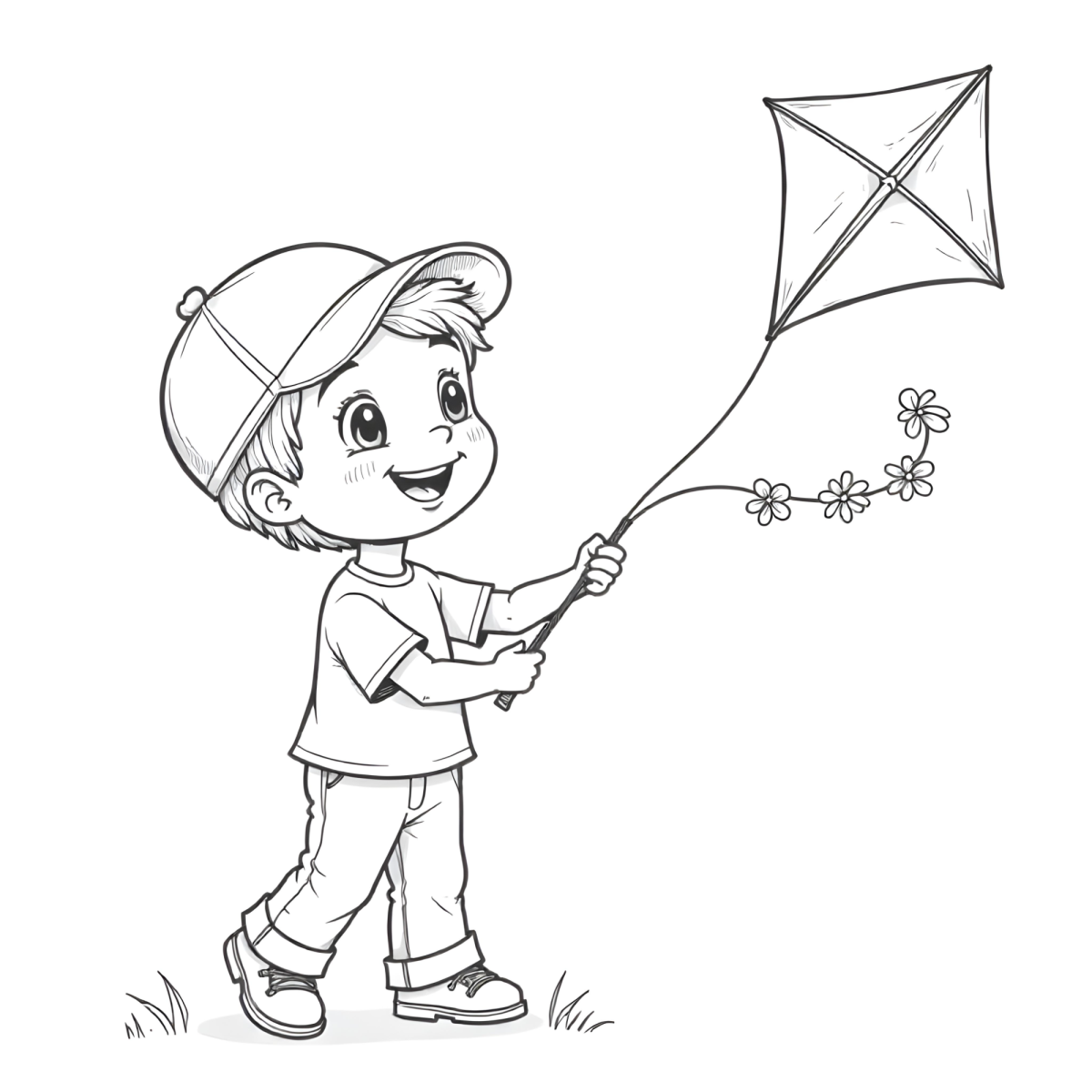 Desenho de Menino de boné empinando pipa para imprimir e colorir