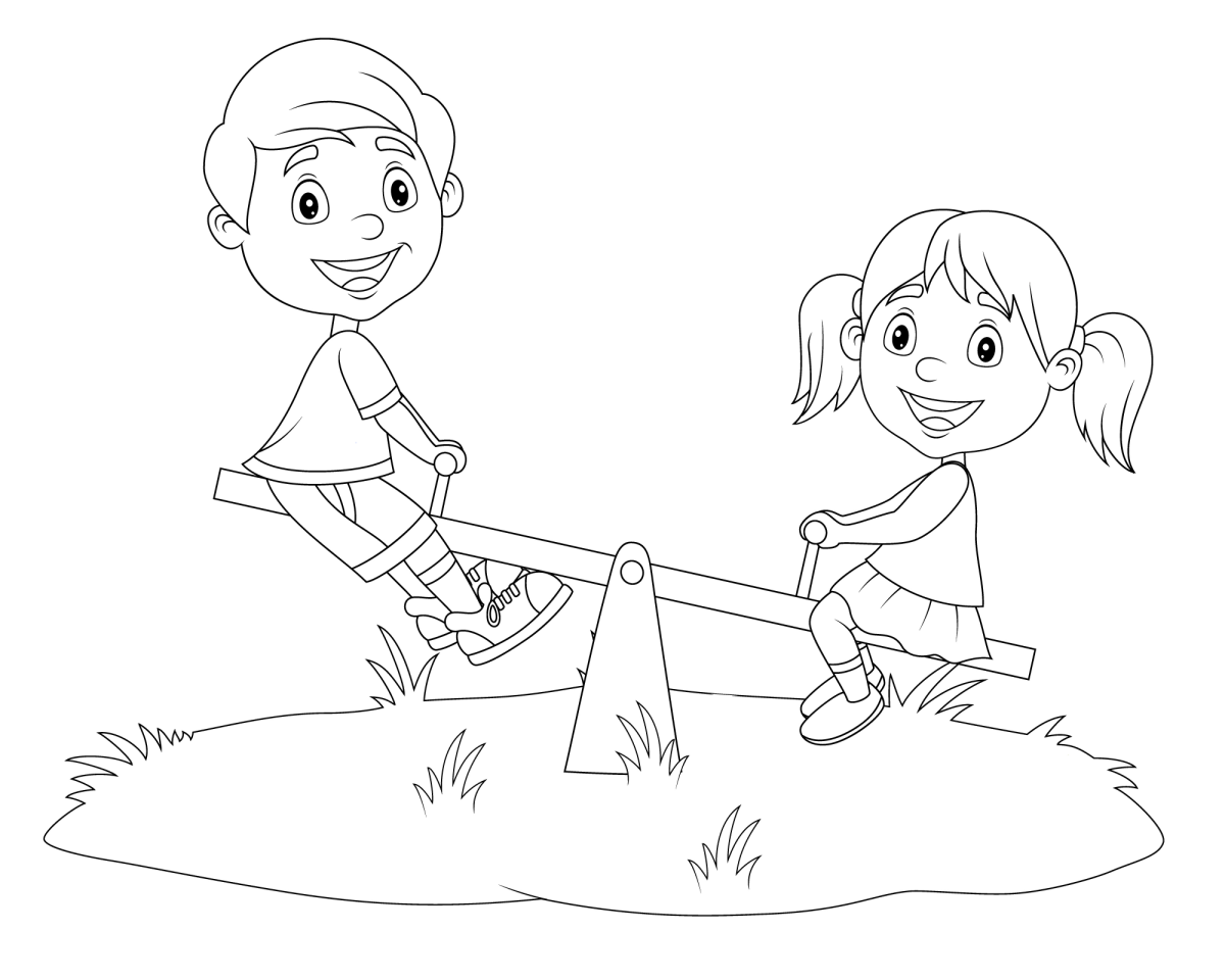 Desenho de Menino e menina na gangorra para imprimir e colorir