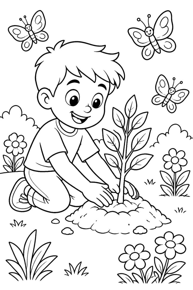 Desenho de Menino plantando entre borboletas para imprimir e colorir