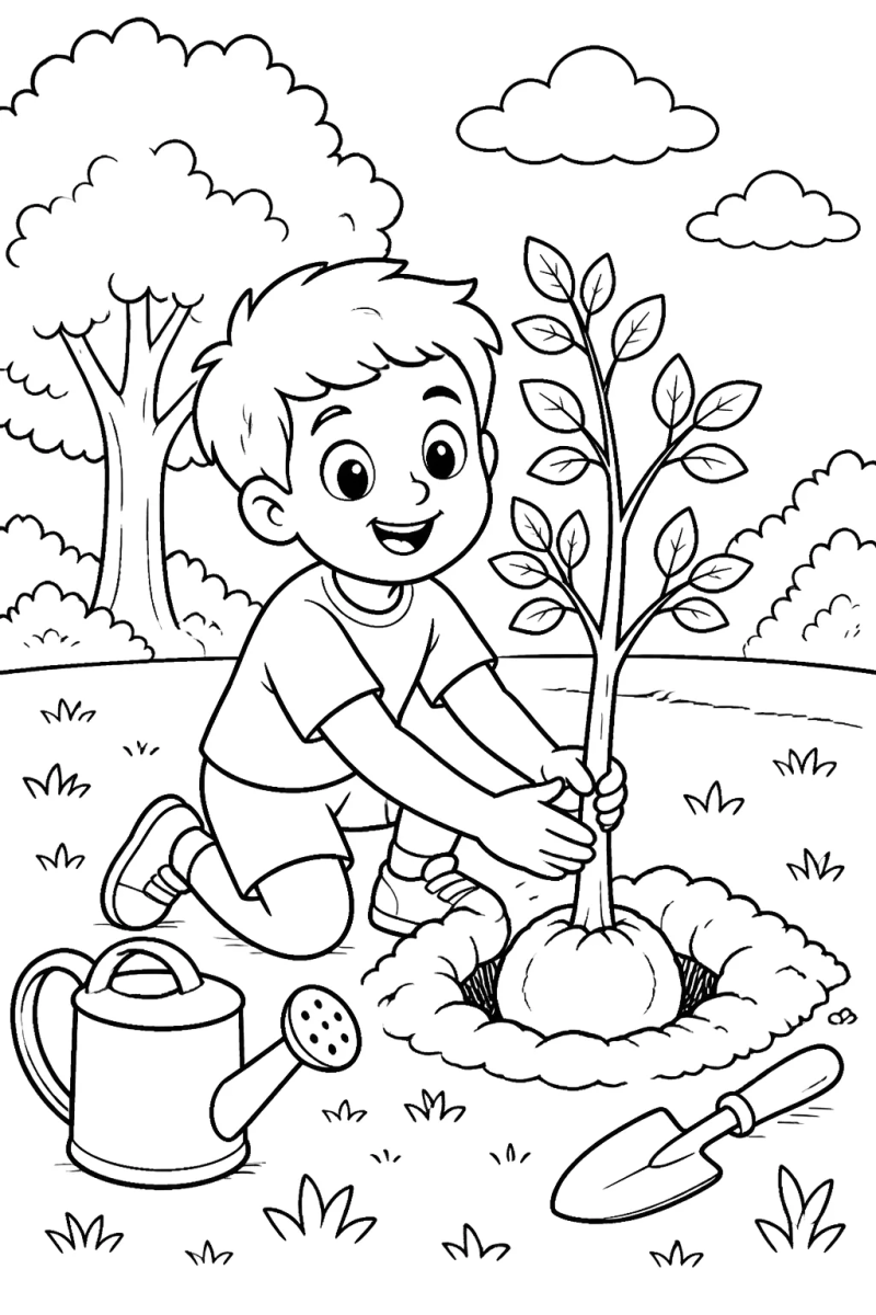 Desenho de Menino plantando uma muda com regador para imprimir e colorir