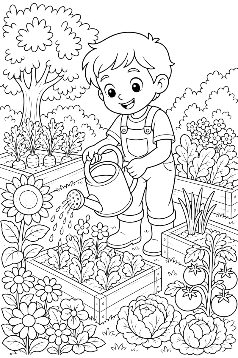 Desenho de Menino regando as plantinhas para imprimir e colorir